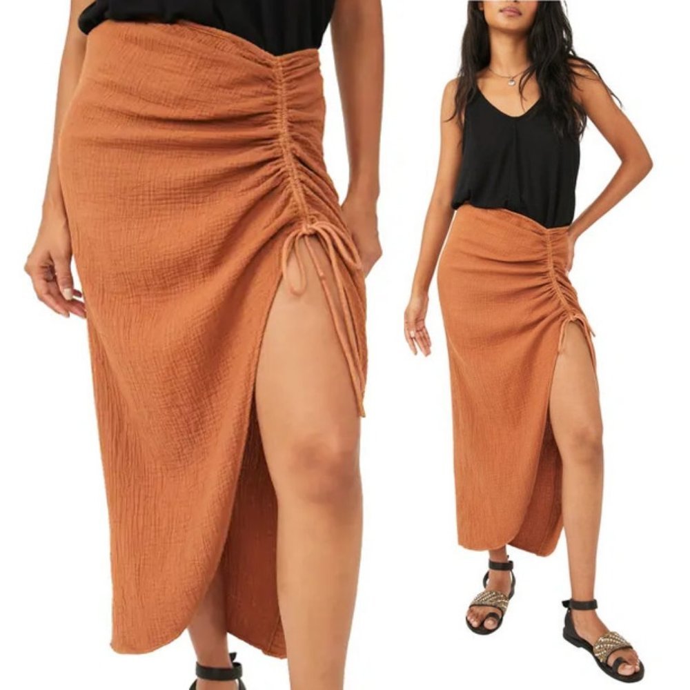 NEW Free People Natural Cerine Ruched High Waist Cotton Gauzy Midi Skirt 6 $98